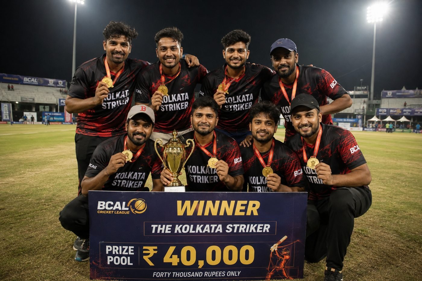 The Kolkata Striker squad with the BCAL Summer League 2026 winners trophy, gold medals and the ₹40,000 winner cheque board