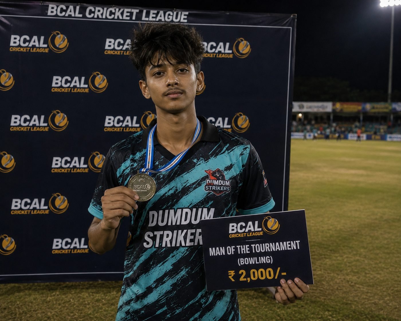 Prakash of Dumdum Strikers holding his medal and the BCAL Man of the Tournament (Bowling) award board