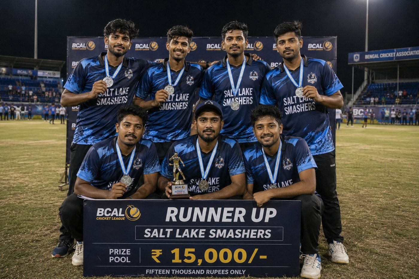 Salt Lake Smashers squad with silver medals, the runner-up trophy and the ₹15,000 runner-up cheque board