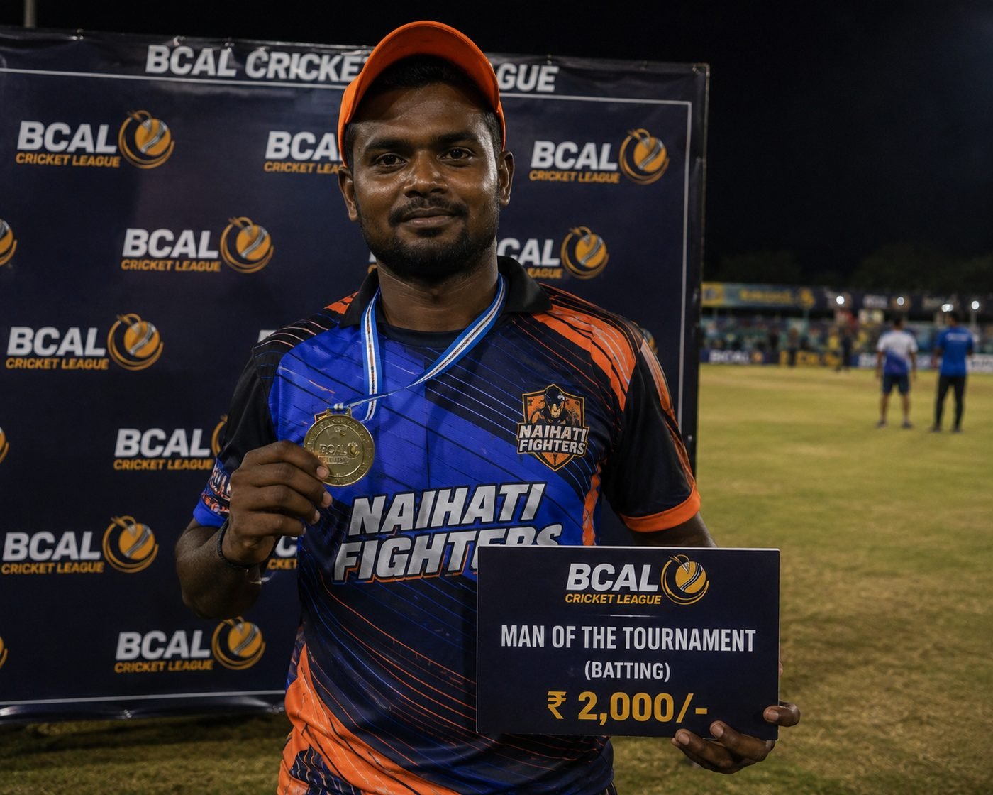 Surya of Naihati Fighters holding his medal and the BCAL Man of the Tournament (Batting) award board
